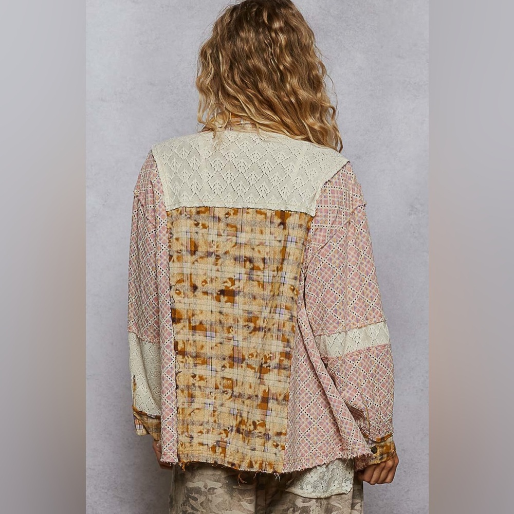 NWT POL Clothing Boho Patchwork Mixed Medoa Contrast Plaid Lace Stud Flannel Top - Picture 5 of 6